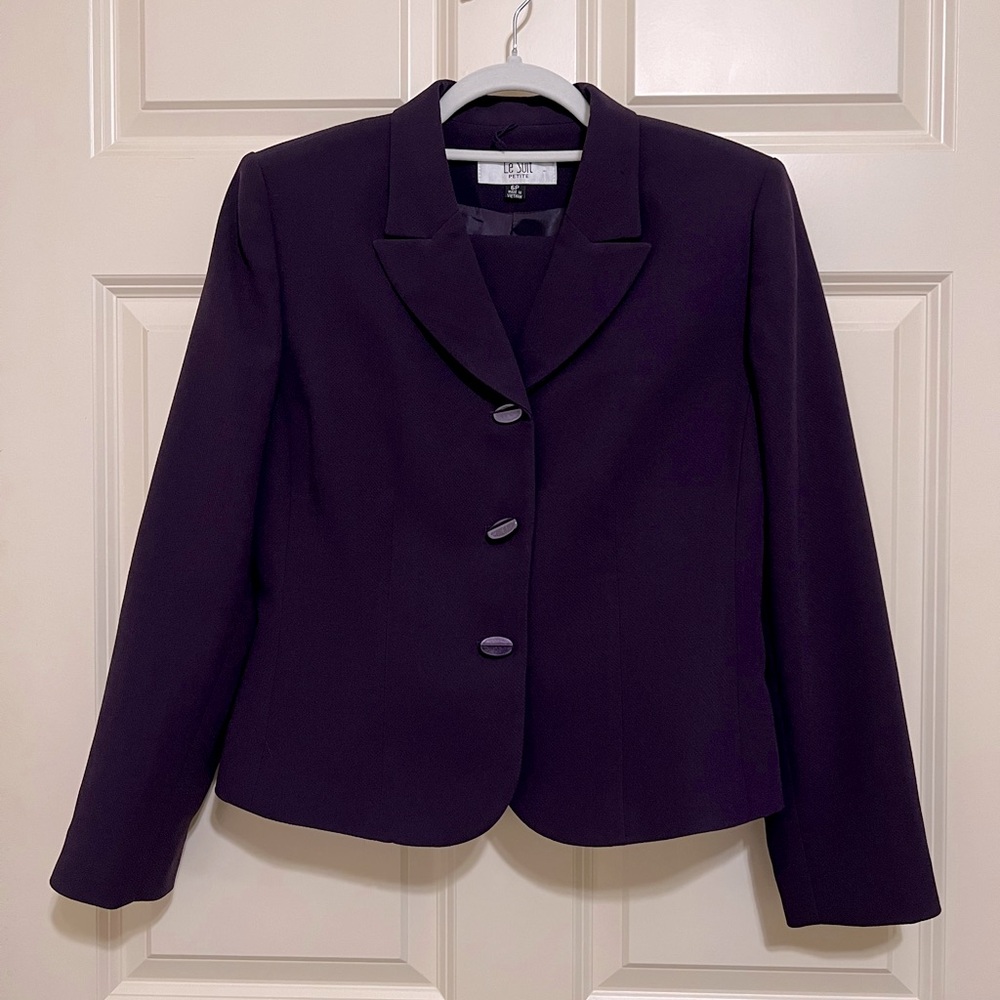 Le Suit Purple Skirt Suit with Ruffled Skirt Hem